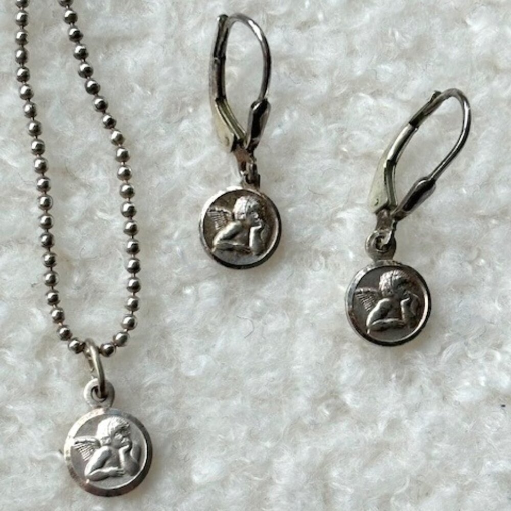 Set of Sterling Silver Necklace & Earrings with Embossed Cherubs